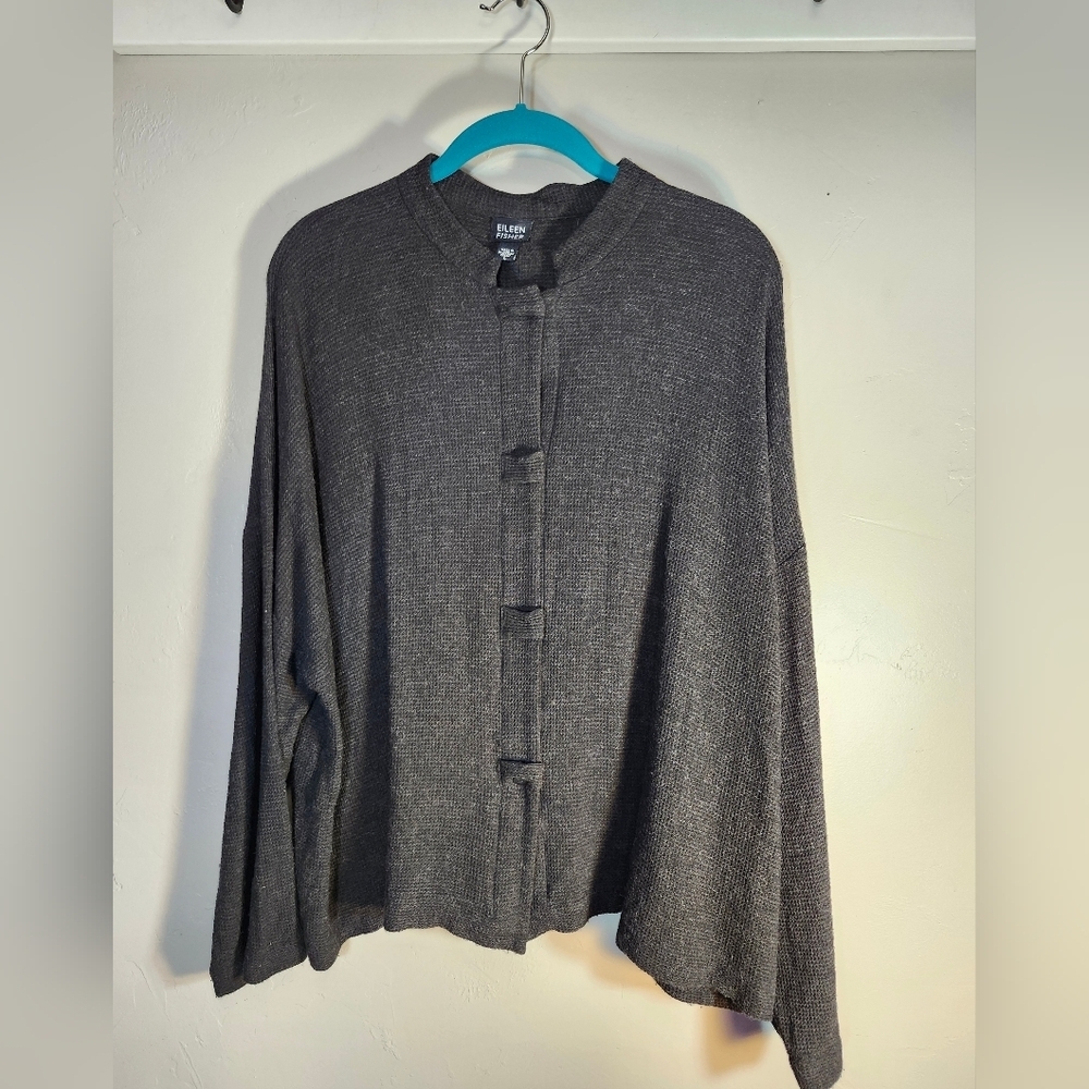 Eileen Fisher Black Waffle Texture Drop Shoulders Button-Up Cardigan Sz L